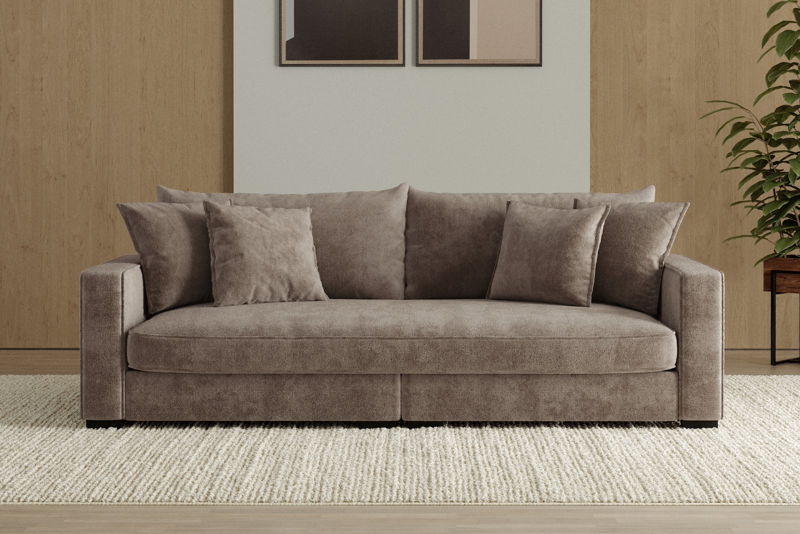 Rossi Lux 3-seter sofa (1 setepute) Tekstil Genesis 6 Mink, arm B med sorte ben. Lux Komfort.