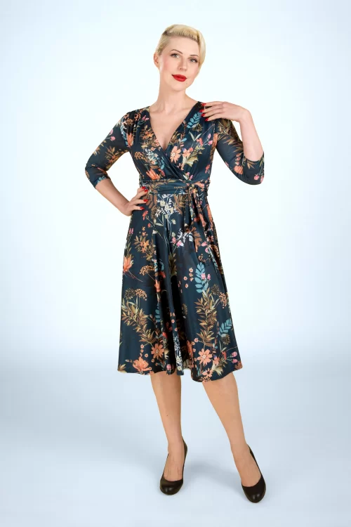 Vintage Chic for Topvintage Caryl bloemen swing jurk in teal