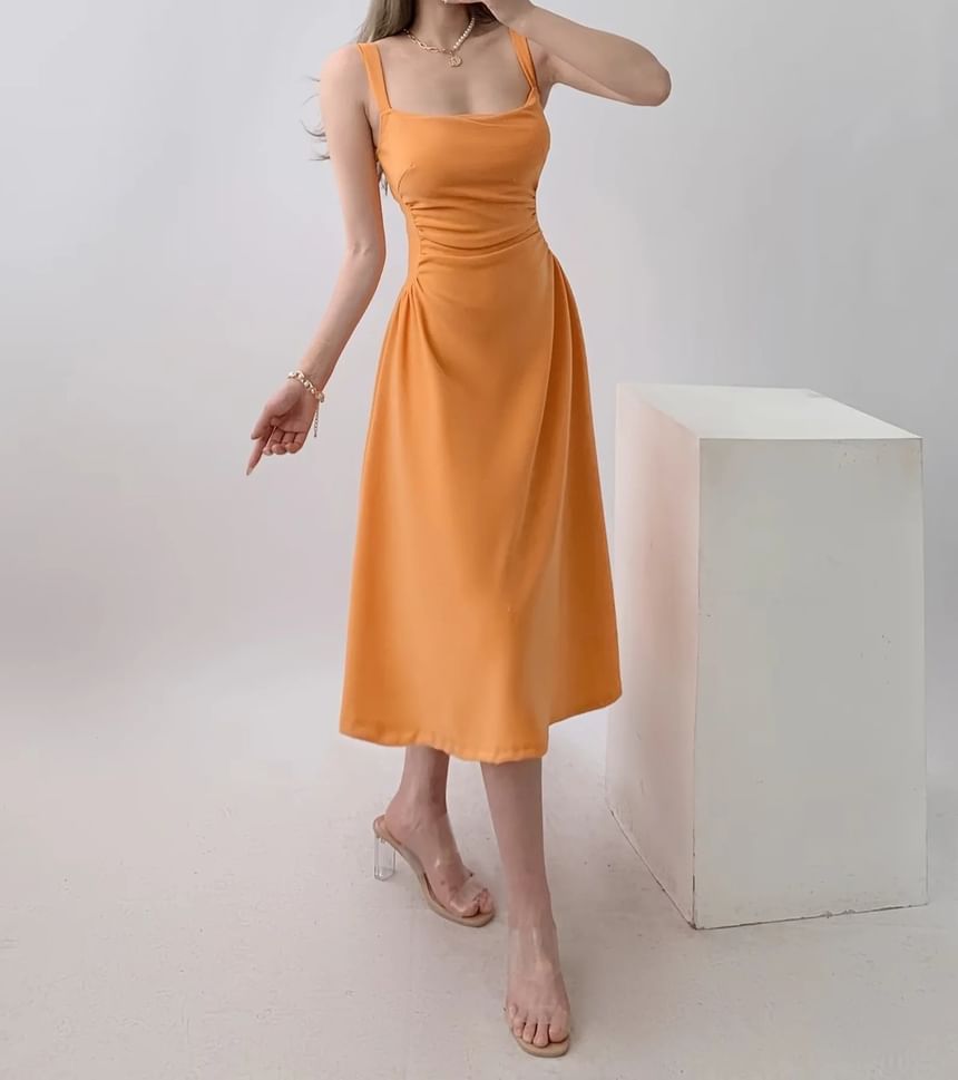Asiris - Midi bodycon-jurk met spaghettibandjes en vierkante hals, effen ruches