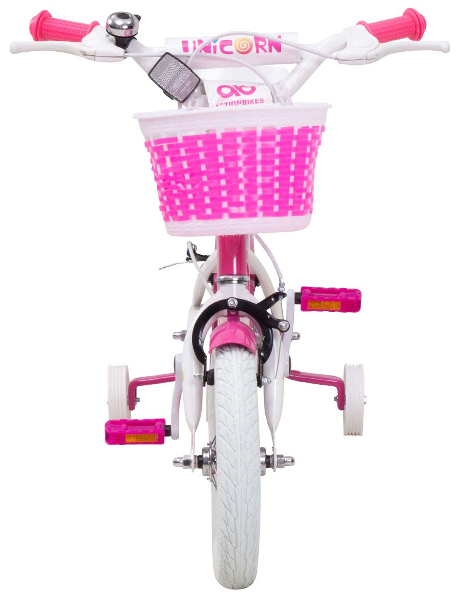 Actionbikes Kinderfahrrad Unicorn 12 Zoll, Pink, Einhorn-Design, Puppensitz, Stützräder, Fahrradkorb