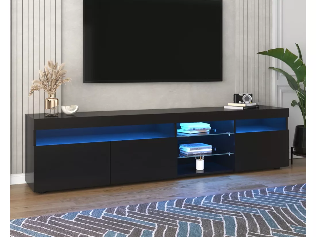 Meuble TV en MDF, avec LED 4 Modes 16 couleurs, 3 portes et 5 niche, Noir, 180x35x45cm
