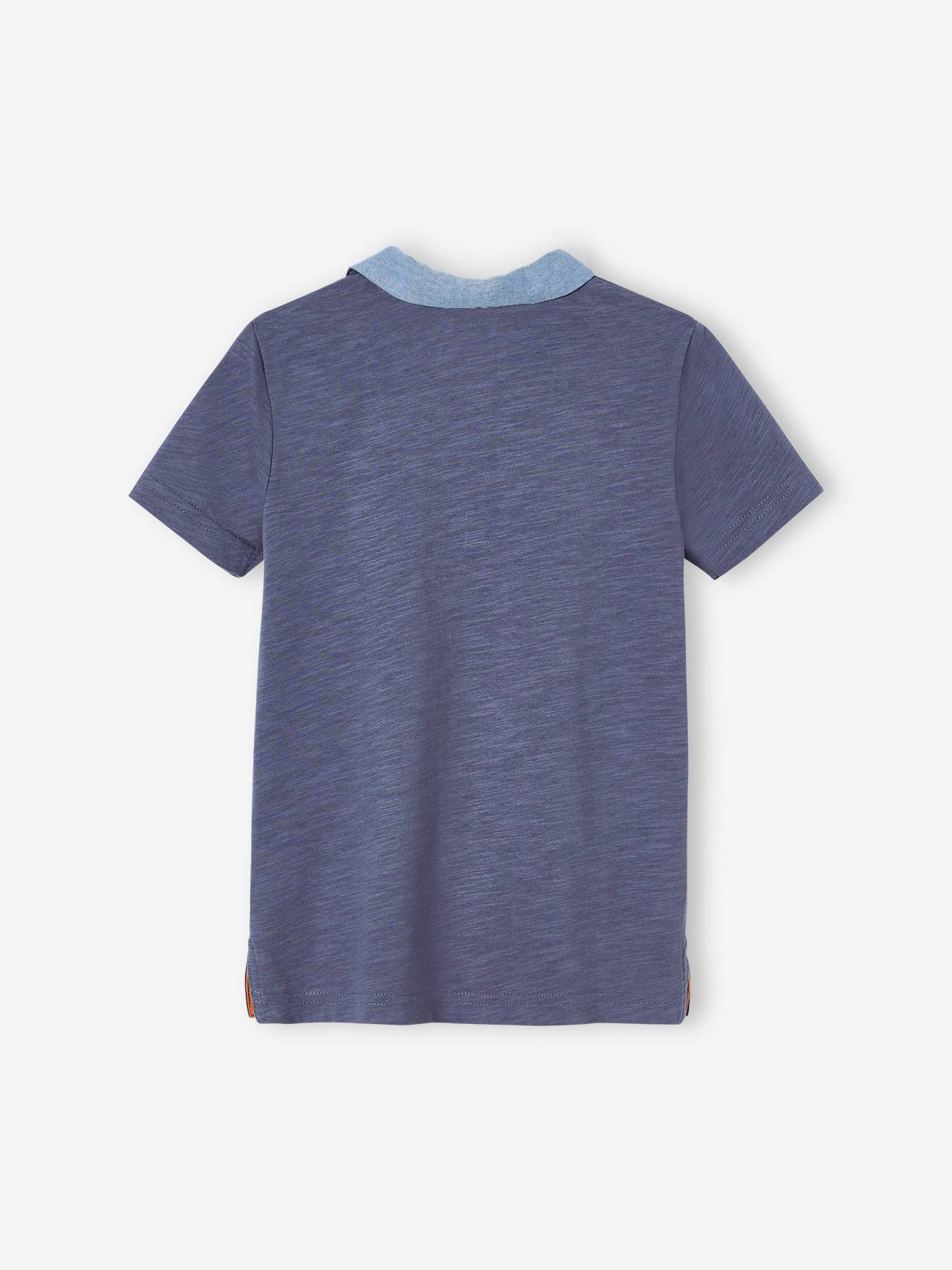 Camisa polo listrada com detalhes em chambray para meninos, azul ardósia