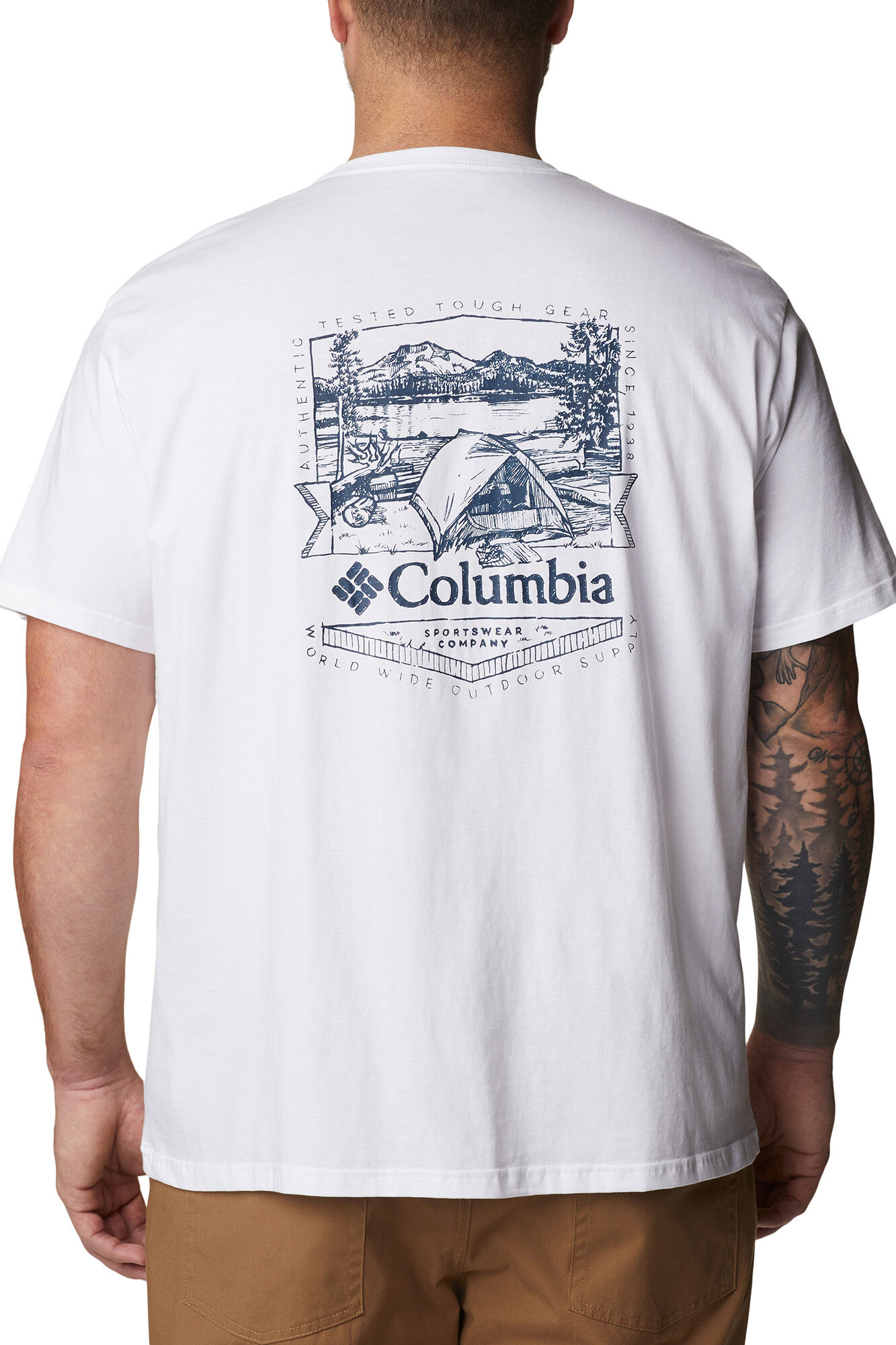 Camiseta masculina de manga curta Columbia Rockaway River™ com estampa nas costas - Estampa em fundo branco