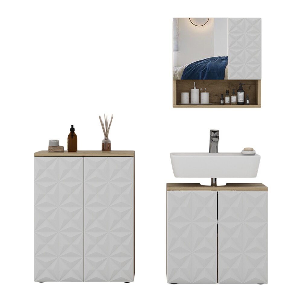 Vicco Badmöbel-Set Badezimmer-Möbel Bad-Schrank Edge Eiche Weiß modern Badezimmerschrank Waschbeckenunterschrank Spiegelschrank Badezimmerkommode