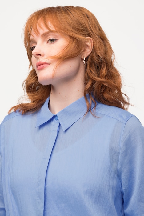 Longbluse, Leinenmix, A-Linie, Hemdkragen, 3/4-Arm