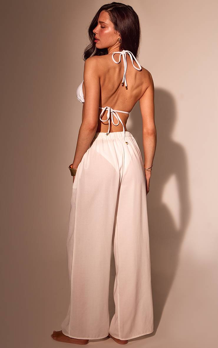 Blanc Pantalon De Plage À Cordon Effet Lin