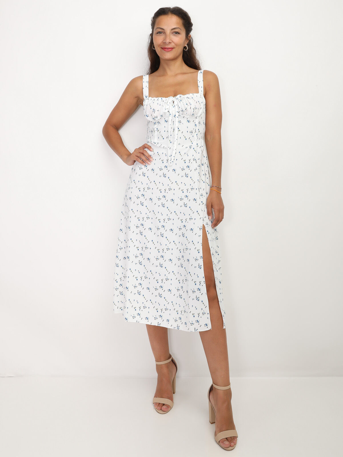Robe corset fleurie à fente- Blanc