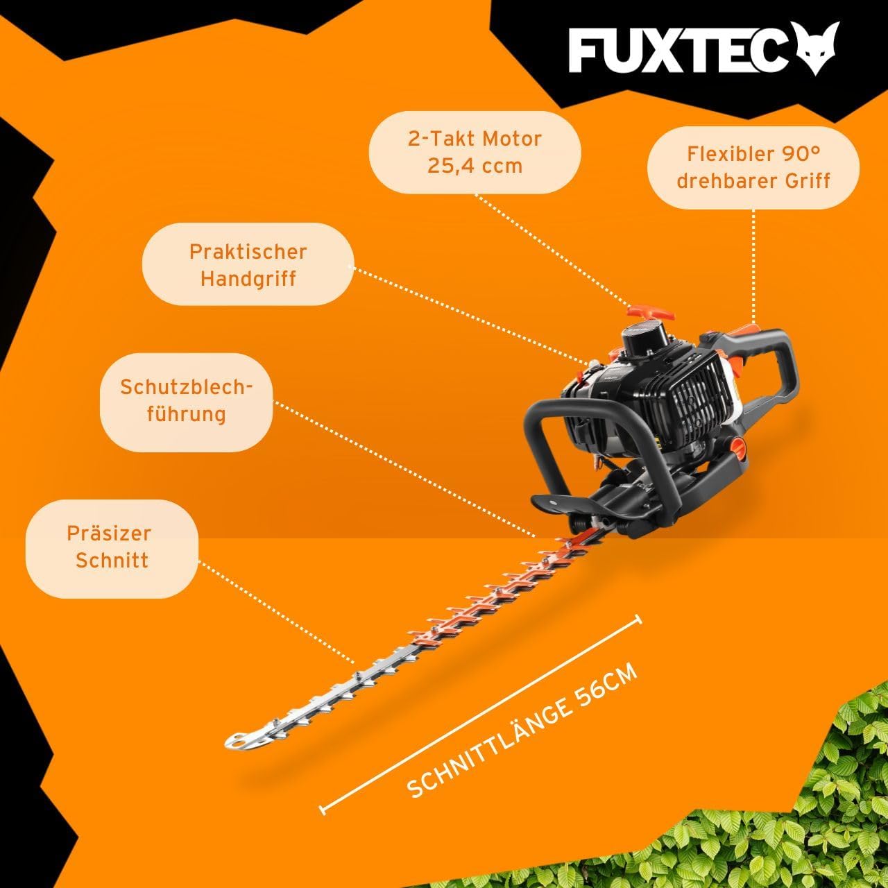 Fuxtec Benzin-Heckenschere FX-MH123ECO, Heckenschneider mit langlebigen Profi-Klingen aus gehärtetem Stahl, 560 mm Schnittlänge, Fliehkraftkupplung, ergonomischer Griff, starker 2-Takt-Motor
