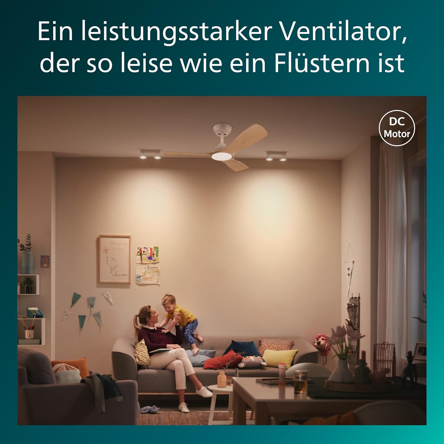 Philips Olas Deckenventilator, 3 Flügel, 106cm ⌀, Gleichstrommotor, Farbtemperaturbereich (3000K-4300K-6500K), dimmbar, inkl. Fernbedienung, schwarz-Holz