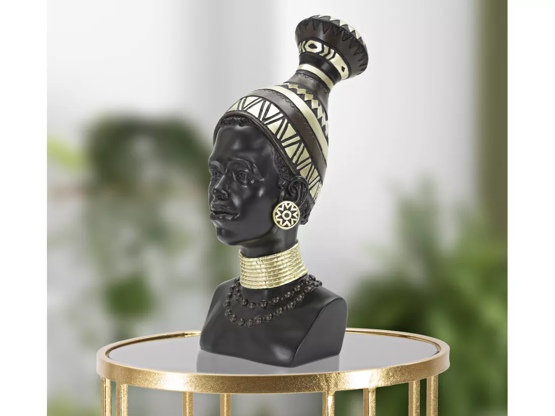 Sculpture tête de femme Masai avec coiffe et bijoux tribaux, 23x19x38,5 cm, statue en résine noire et couleurs mixtes, inspirée des traditions.