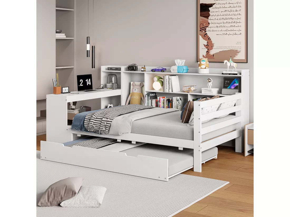 Canapé convertible en bois massif 90x200 cm - avec bureau + bibliothèque - compartiments de rangement + étagères - avec prises - avec lit gigogne - blanc