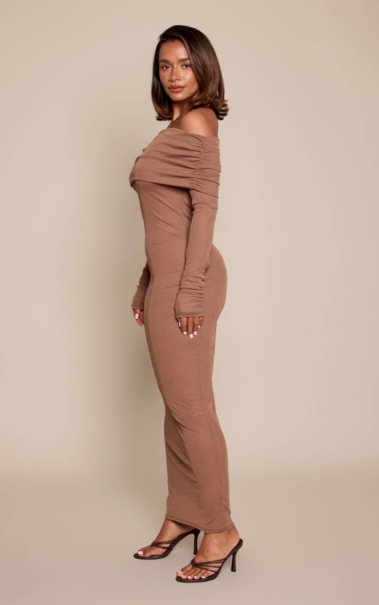 Chocolat Robe Maxi Moulante En Mesh Transparent À Col Bardot