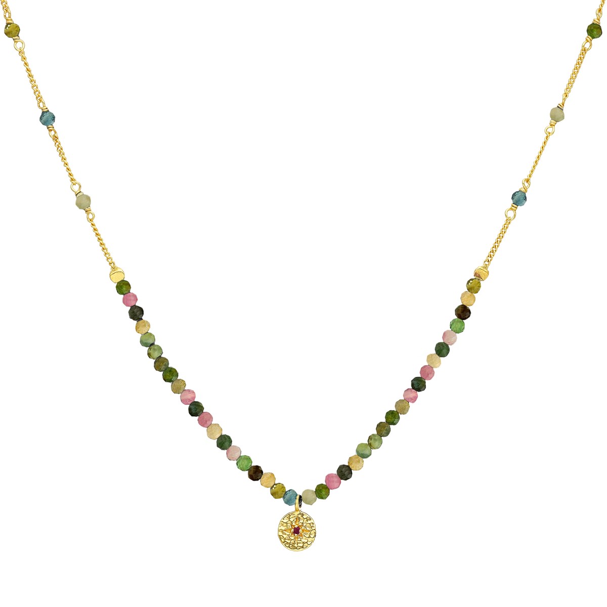 Collier Chaîne Argent Doré Avec Perles Tourmaline Et Pampille