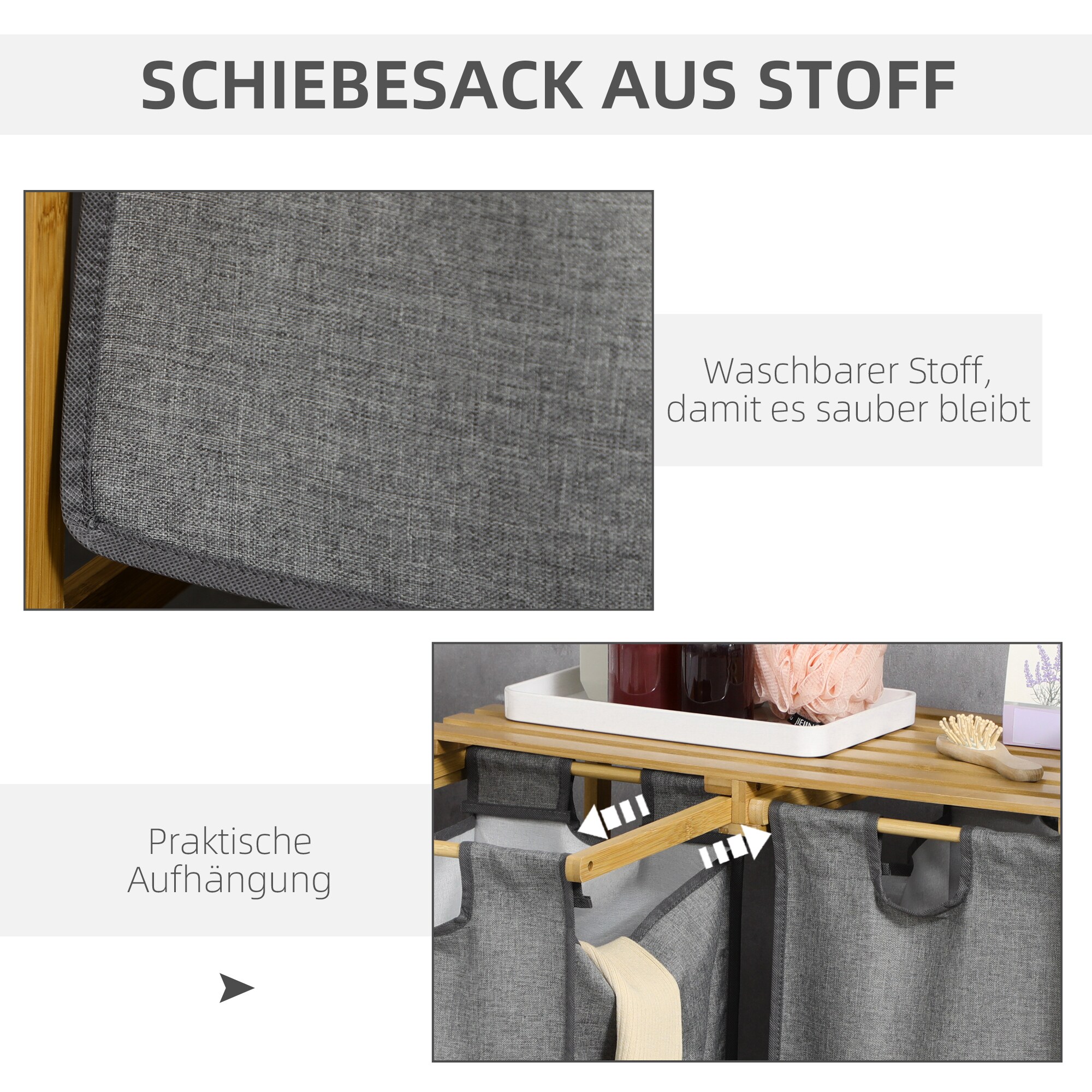 HOMCOM Wäschekorb mit 2 separate Wäschesäcken grau 63,5L x 33B x 73H cm