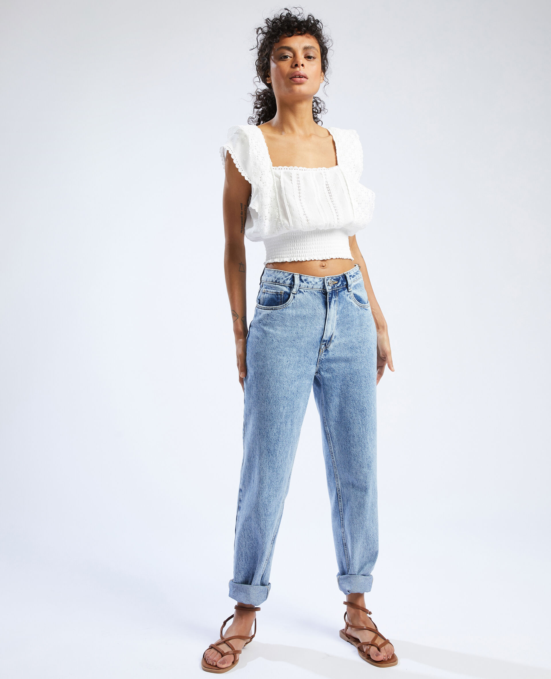Top court dentelle et plumetis - Blanc