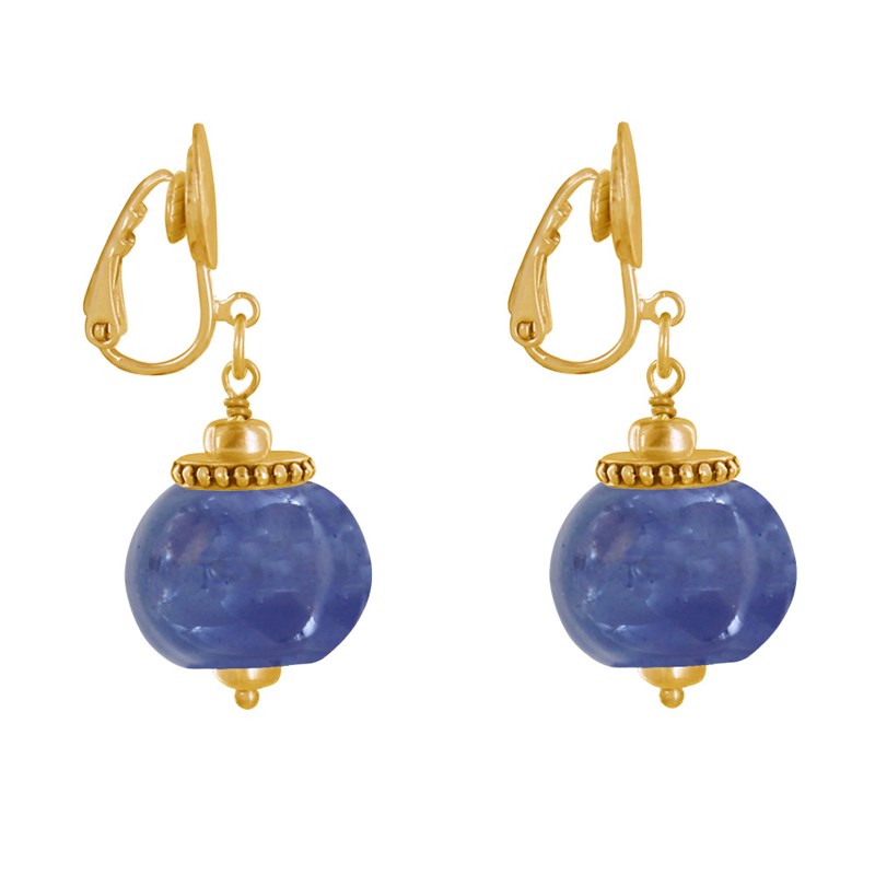 Boucles d'Oreilles Clip Métal Doré et Grosses Perles en Céramique