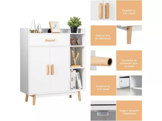 Meuble de Rangement avec 1 Tiroir, 2 Portes, 3 Etagères et 4 Pieds, Armoire à Deux Portes, 3 étagères, Buffet Multifonctionnel, Pieds en Bois