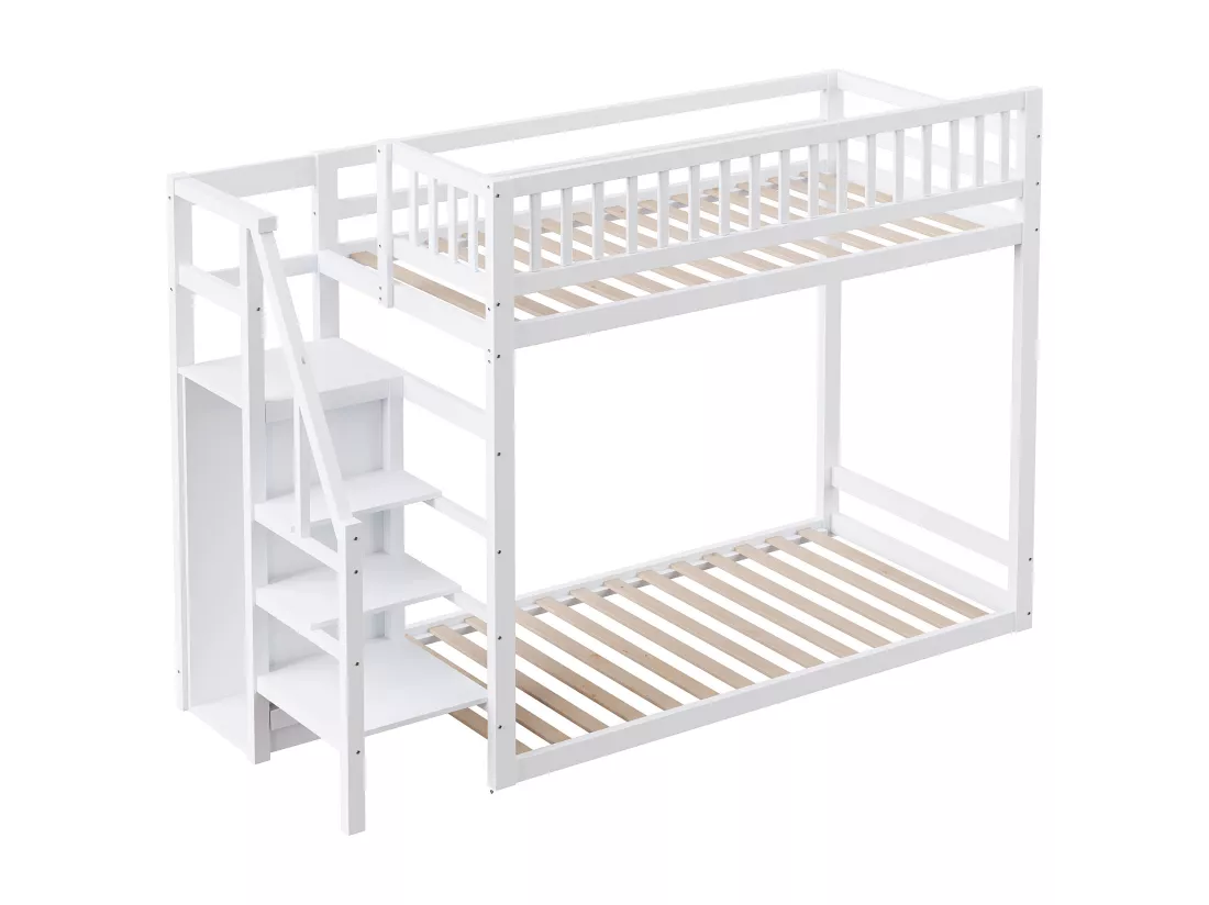 Lits superposés 2 x 90 x 200 cm avec armoire et échelle - Pin+MDF - pour enfant - Blanc (sans matelas)