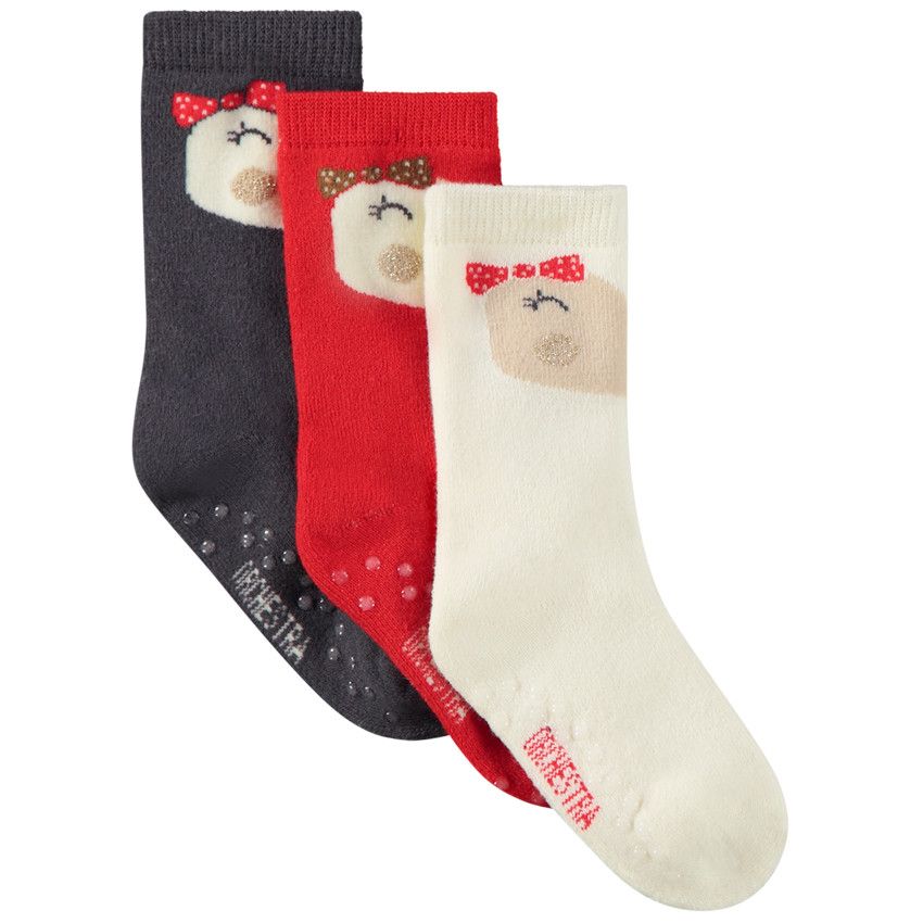 Lot de 3 paires de chaussettes antidérapantes print pingouin pour fille - Rouge