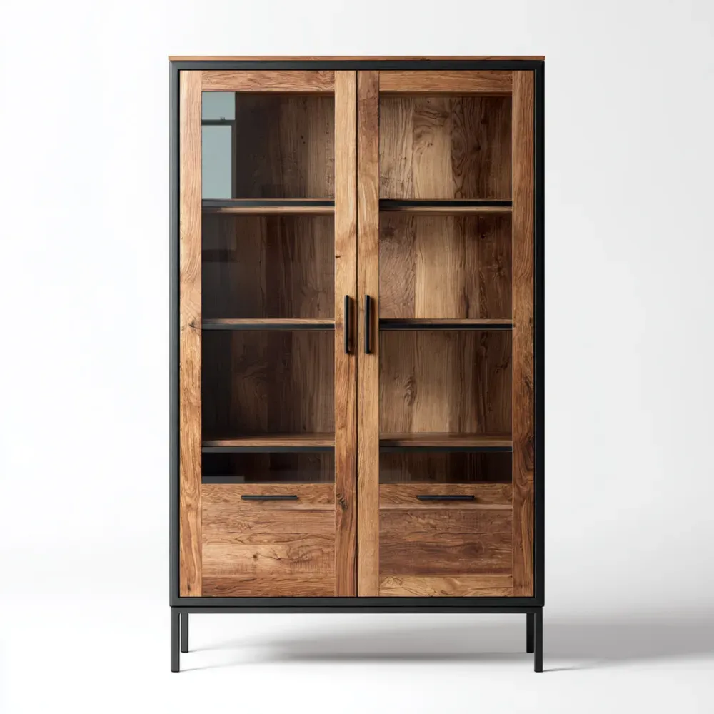 Vitrinenschrank Massivholz Eichenholz 180x100x45 cm – Industrieller Stil
