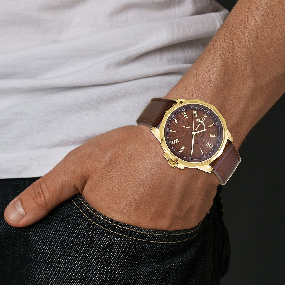 Montre - Laiton doré & similicuir marron - Homme - 49 mm