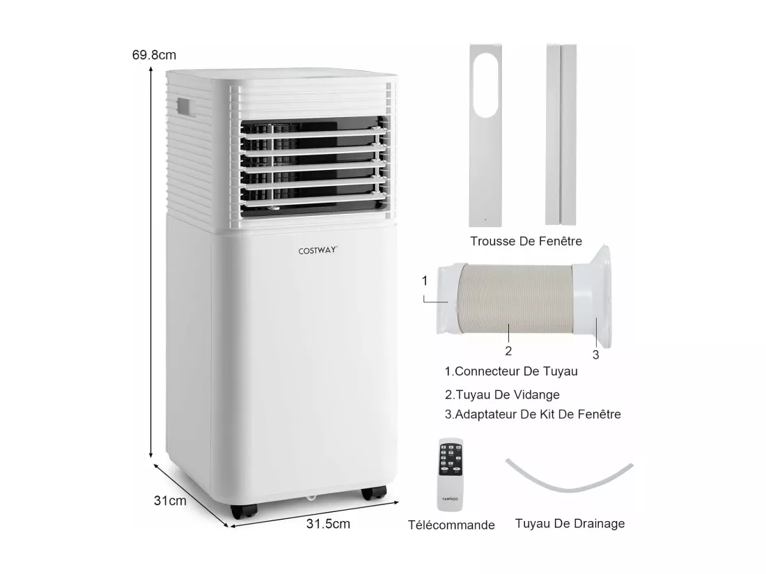 Climatiseur Mobile 4 en 1 - 7000 BTU, 15 m² 2 Vitesses Mode Veille Minuterie 24 h 2 kW [Classe Energétique A] avec Télécommande R290 (Blanc)