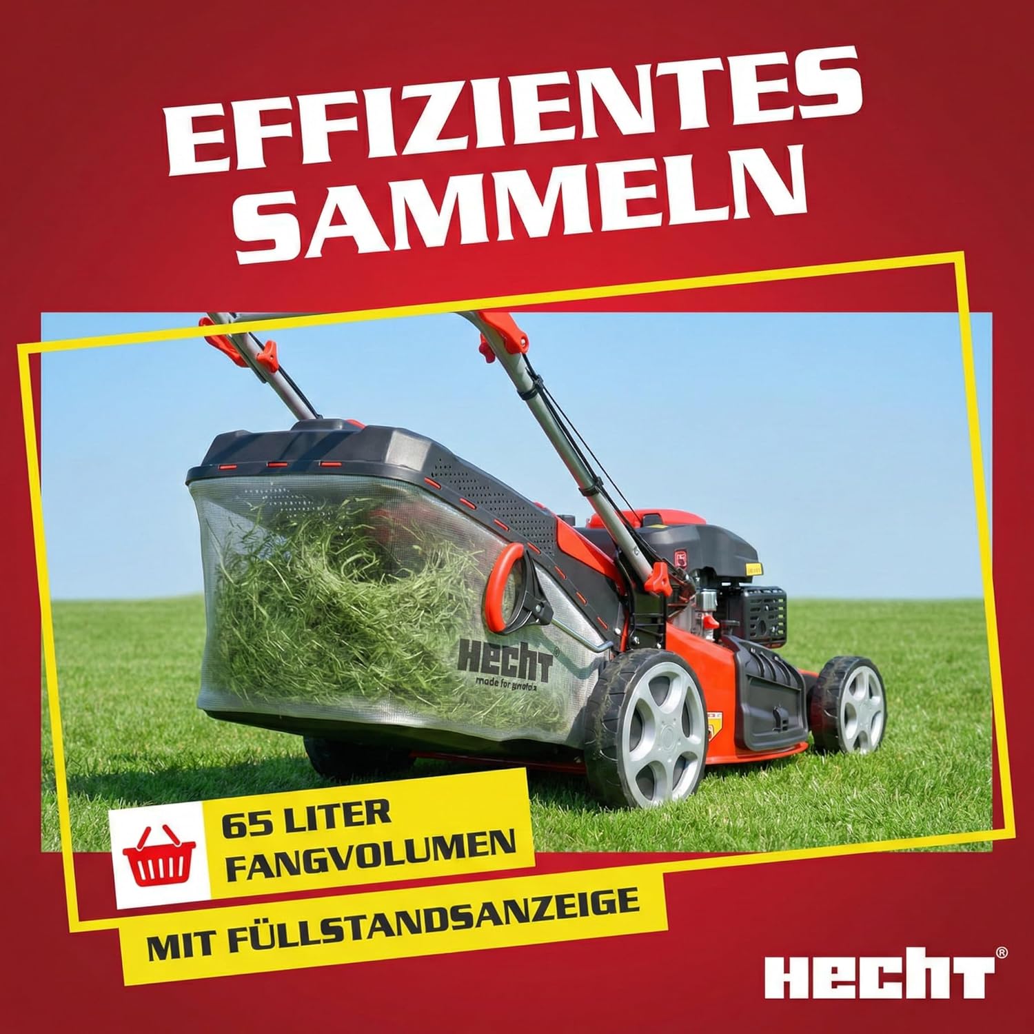 HECHT 5-IN-1 Benzin Rasenmäher – leistungsstarker 4 Takt Motor 4,0 kW (5,5 PS) – Elektrostart – 51 cm Schnittbreite – 65 l Fangkorb – Radantrieb – patentierte Räder – Mulchmäher Rasenmäher