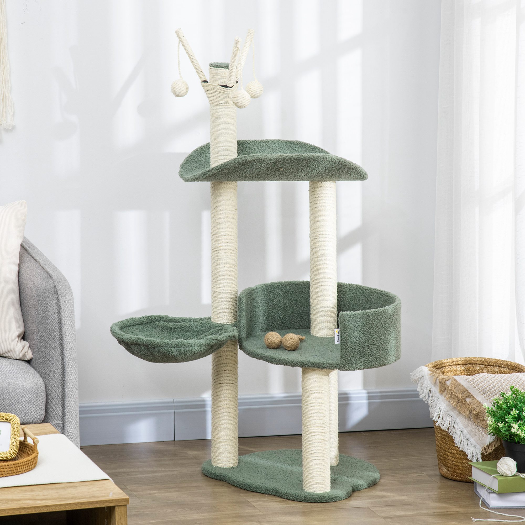 PawHut Kratzbaum mit 3 Spielbällen grau, natur 44L x 43B x 123H cm