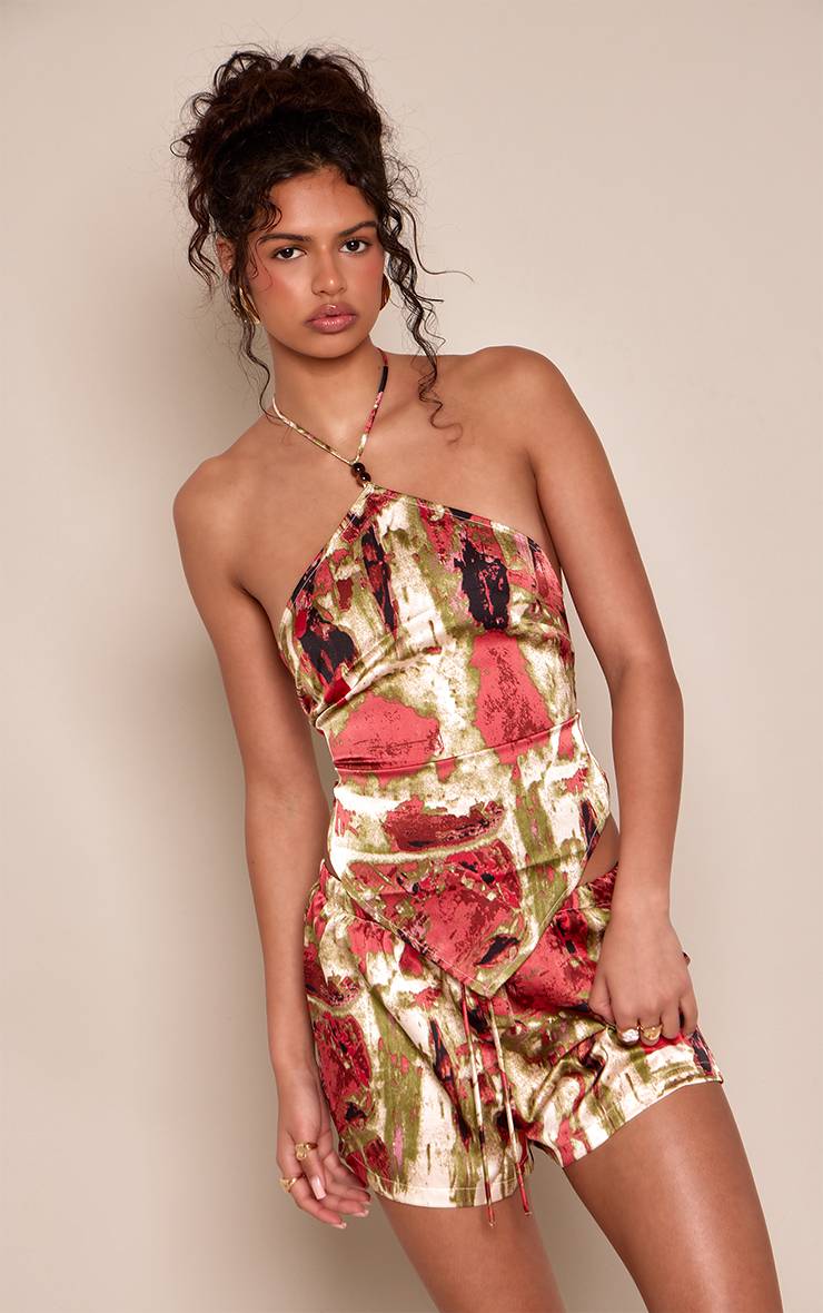 Vert Ensemble Coordonné Short En Satin À Imprimé Abstrait