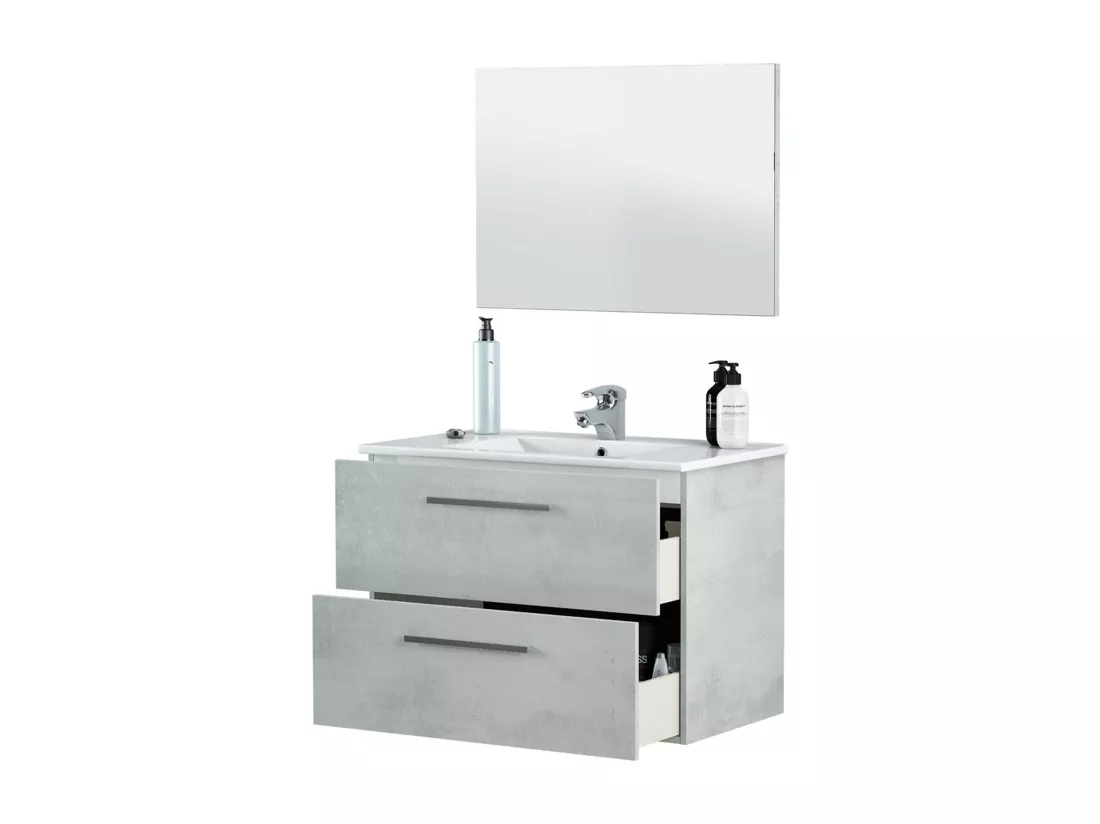 Meuble sous-vasque Dfell, Meuble de salle de bain suspendu, Armoire avec 2 tiroirs et miroir, 80x45h57 cm, Ciment