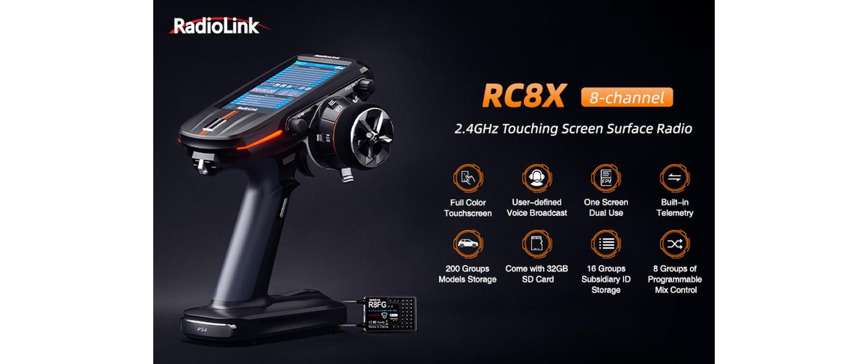 Fernsteuerung RC8X 2.4 GHz, 8 Kanal, mit 2 Empfänger<br>Professioneller 8-Kanal Sender für RC Fahrzeuge, inklusive 2 Empfänger