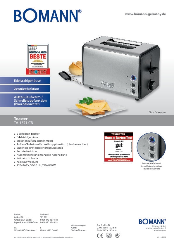 BOMANN Toaster TA 1371 CB Edelstahl Estate 850 Watt