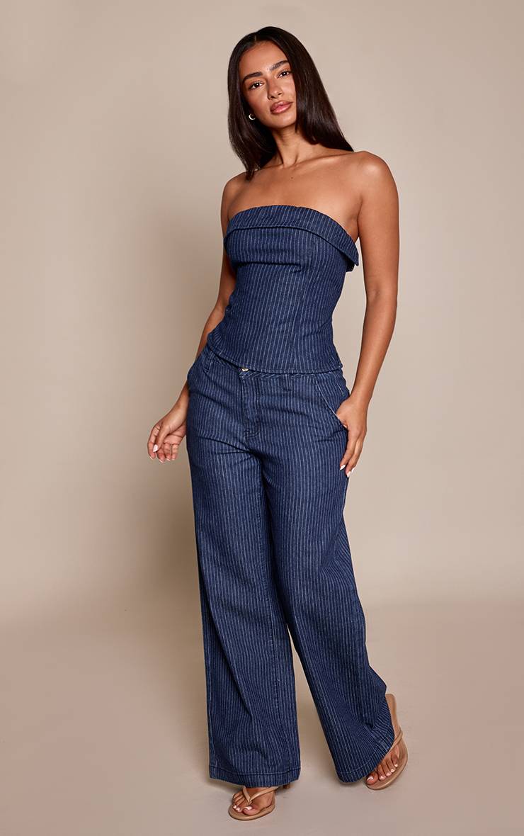 Bleu Indigo Jean Large À Fines Rayures Petite