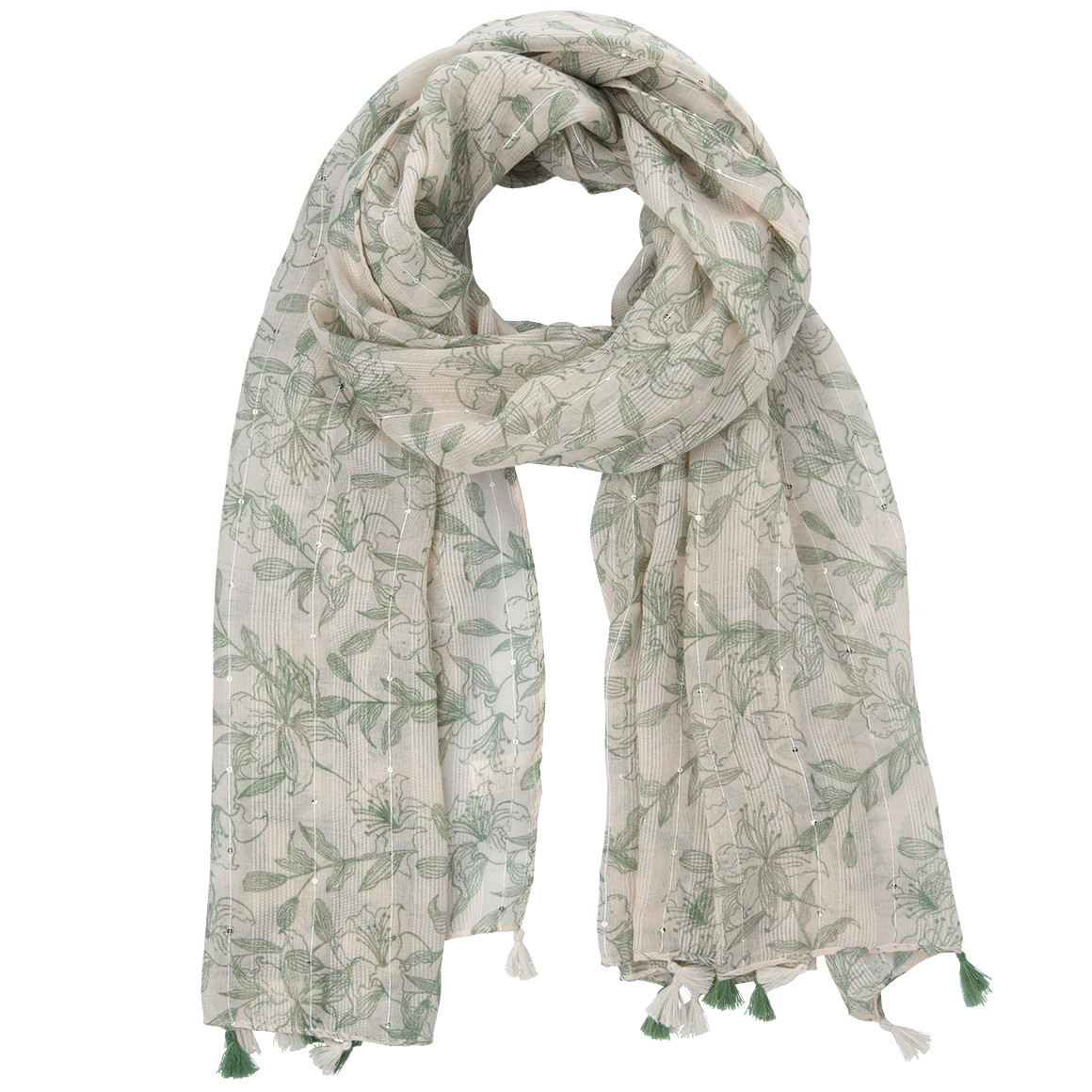 Gina Benotti Damen Tuch mit Blumen und Pailletten grün / weiss