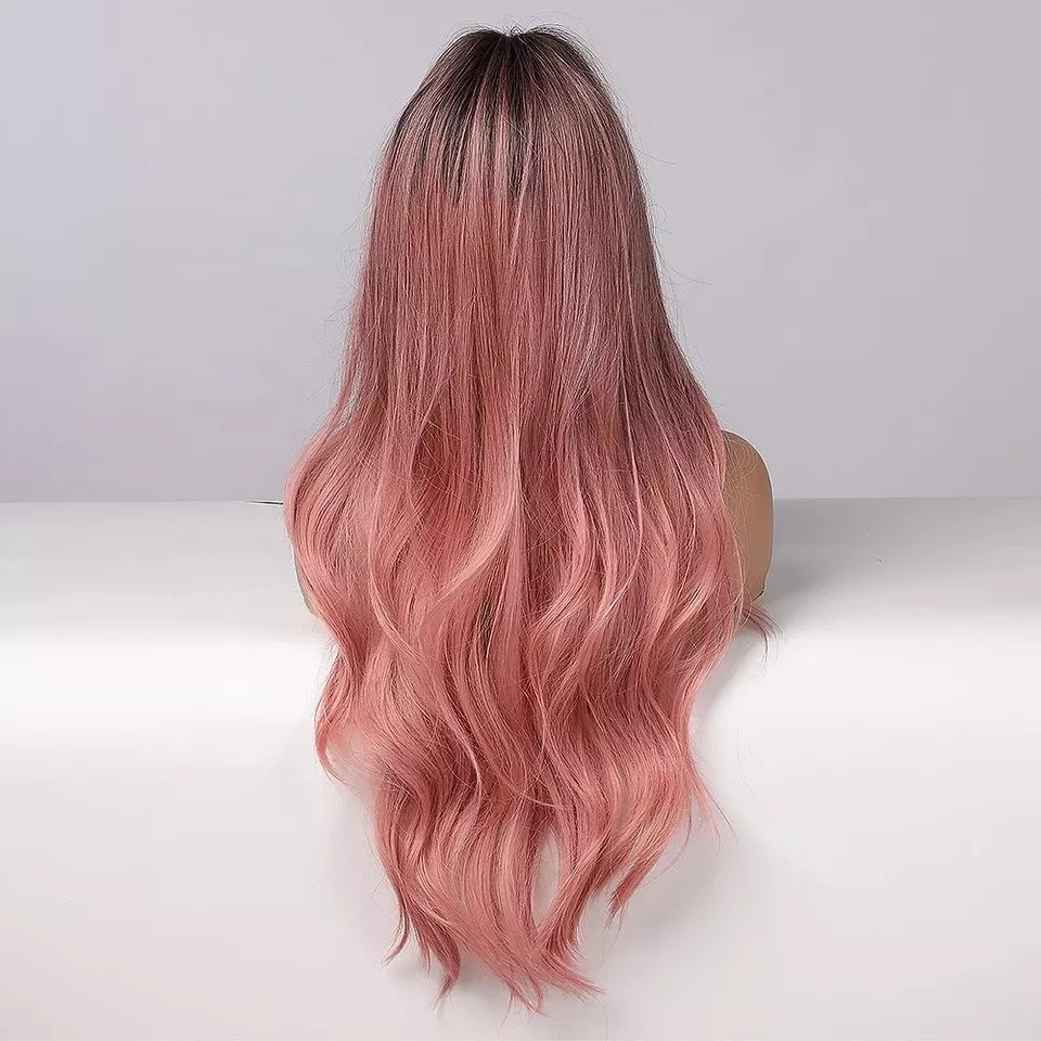 (70cm) Lange Kunsthaar Perücke Synthetic Wig Perücke mit verstellbarer Kappe - Rosa / Braun