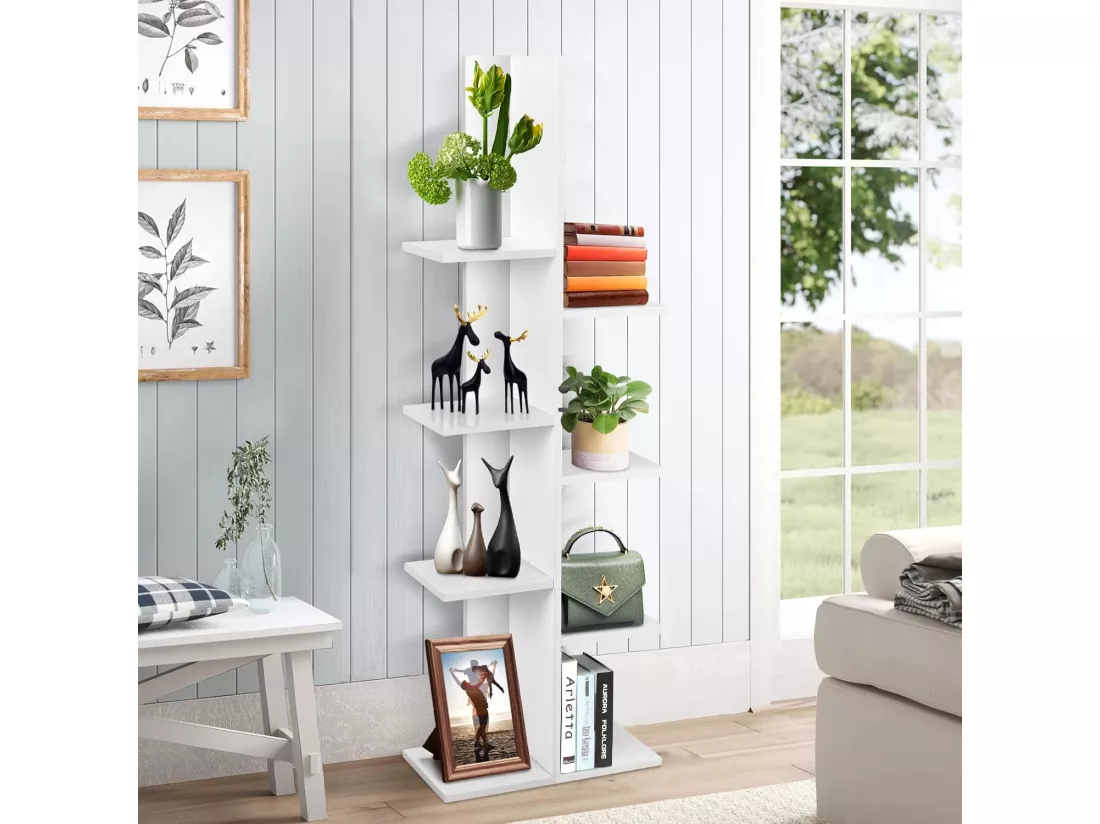 Bibliothèque forme arbre à 8 niveaux, étagère de rangement pour enfants/adultes, blanc