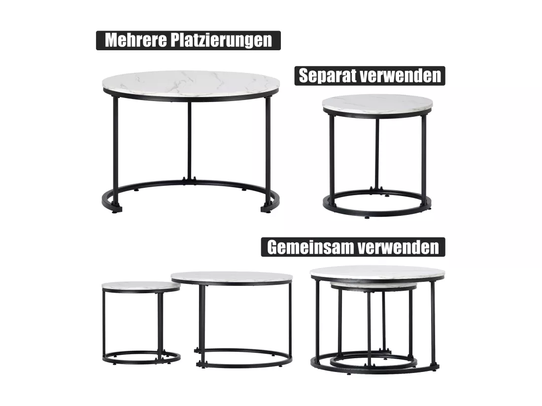 Lot de 2 tables basses gigognes, table d'appoint ronde en MDF, placage marbré, blanc