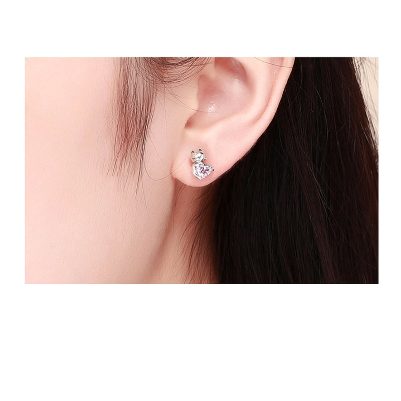 Boucles d'oreilles Femme Chat orné de Cristal de Swarovski Rose et Argent 925