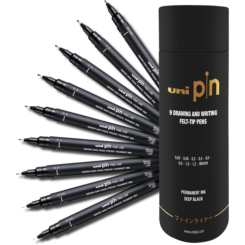 Uni-Ball Fineliner Pin, 9 Stück, schwarz