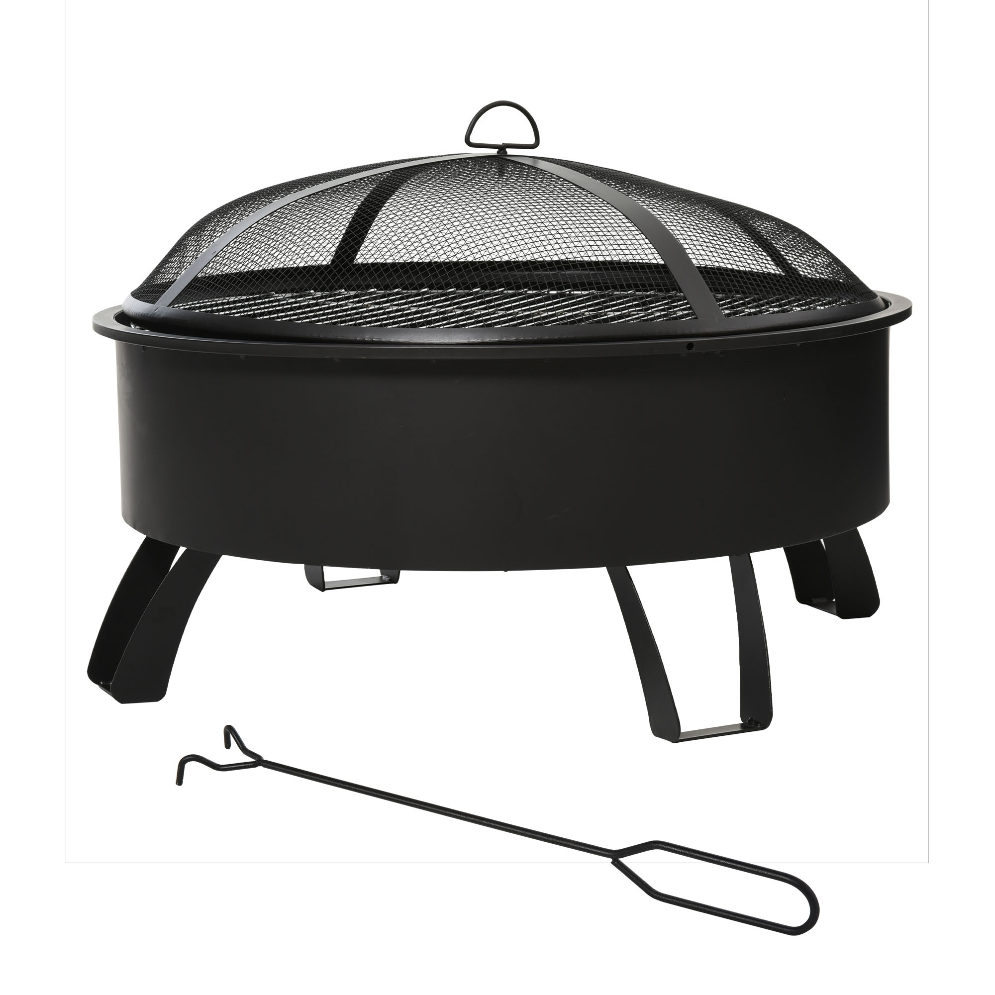 Lareira Externa Outsunny Ø76x49,5 cm 2 em 1 com Tigela de 18 cm de Profundidade, Grelha para Churrasco, Tampa com Tela de Aquecimento e Atiçador para Pátio e Jardim, Preta