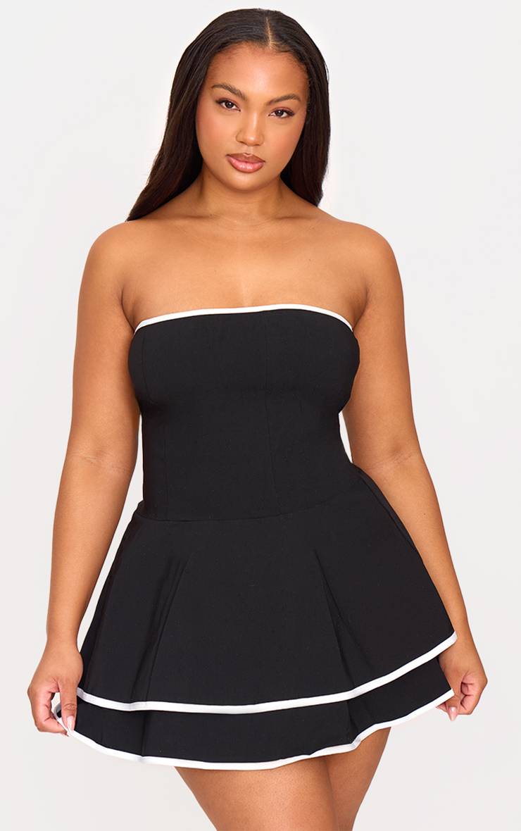 Noir Robe Trapèze À Étages En Tissu Tissé Extensible Avec Détails Contrastés Grande Taille