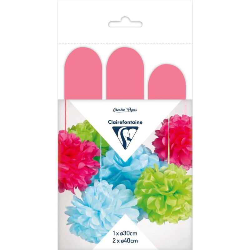 PAPIER DE SOIE, Set de 3 pompons à suspendre Ø30x1 et Ø40x2 - Rose
