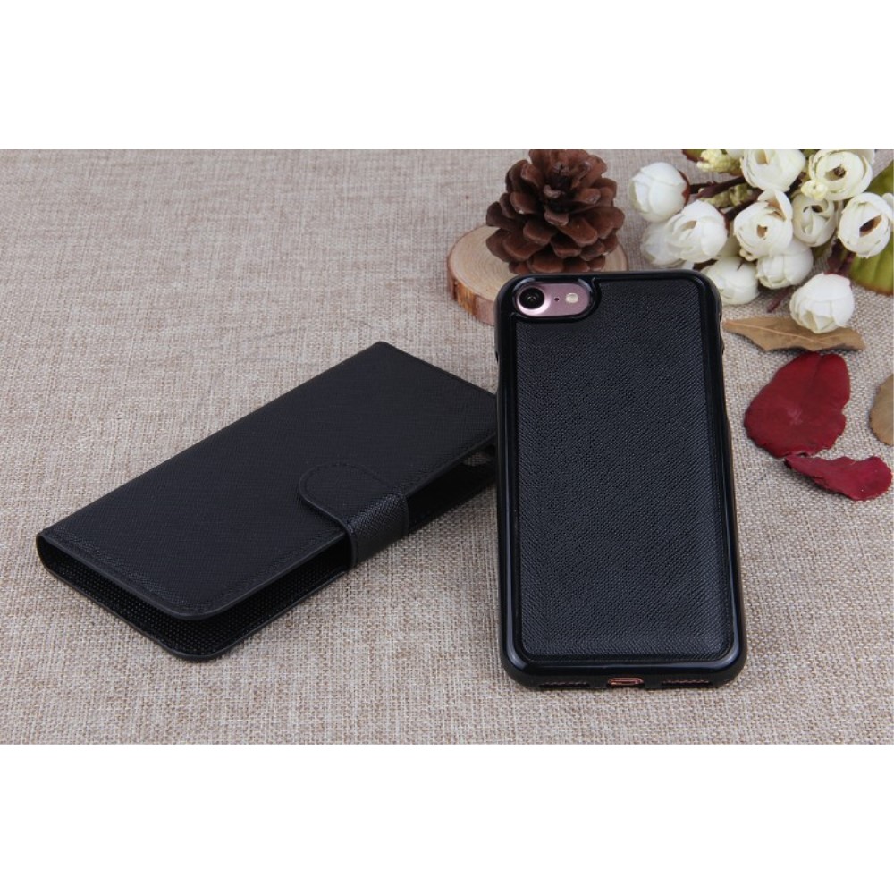 iPhone SE (2022/2020) / 8 / 7 Leder Tasche mit Kartenfächer   Magnetische Schutzhülle - Schwarz