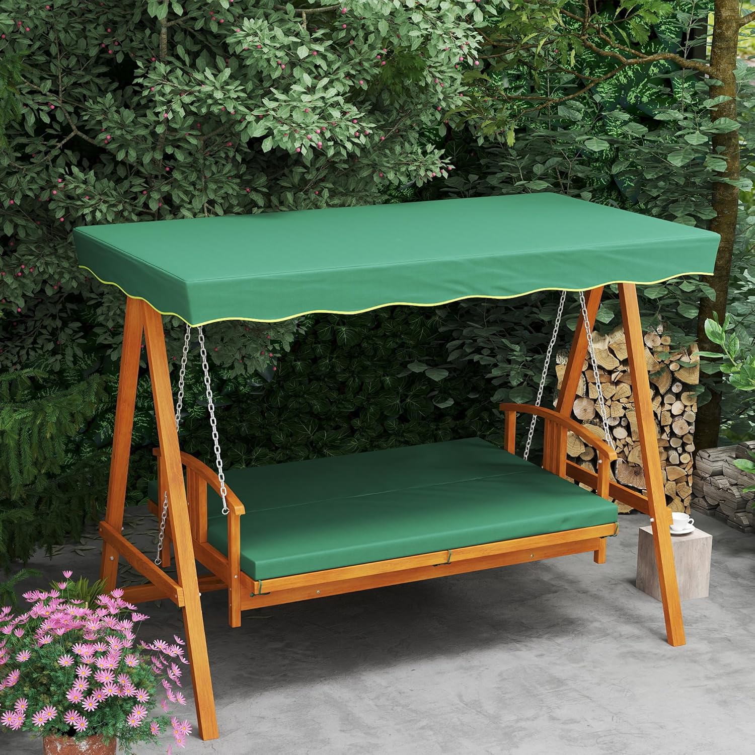 Outsunny 2 in 1 Hollywoodschaukel mit Liegefunktion, 3-Sitzer Gartenschaukel aus Holz, Holzschaukel mit Sonnendach Sitzauflage, Schaukelbank bis 330kg, für Garten, Terrasse, 236x130x181 cm, Dunkelgrün