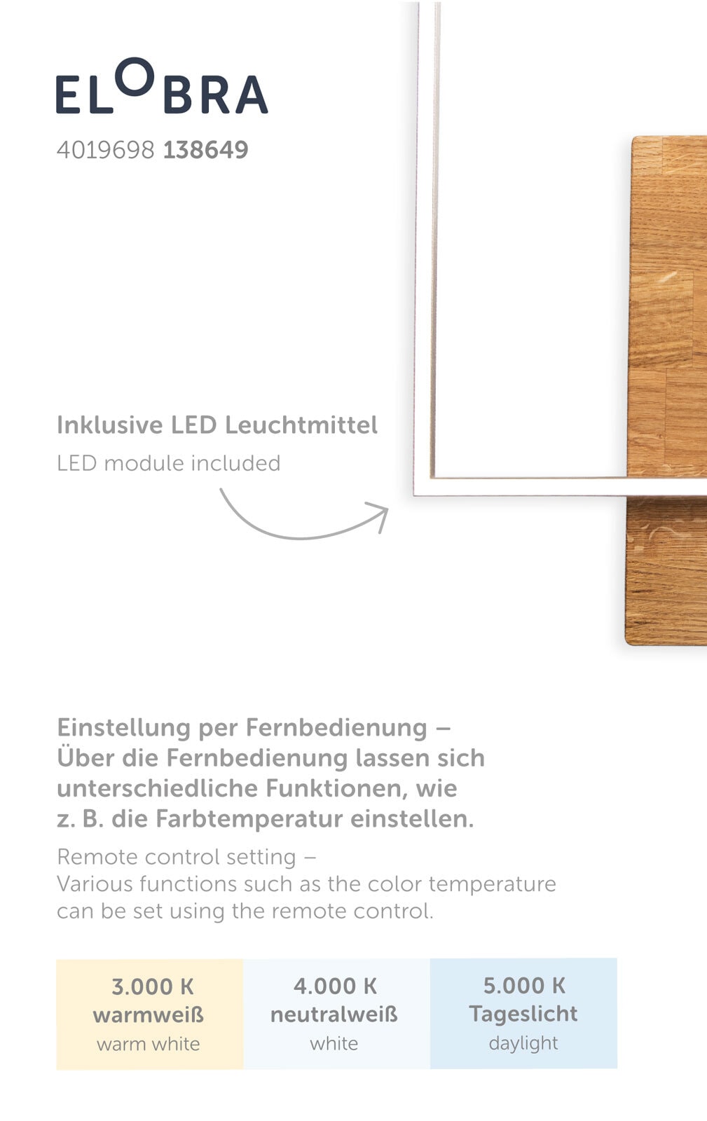 ELOBRA CCT LED Deckenlampe PANAMA 42 x 50 cm Nickelfarbig mit Holz