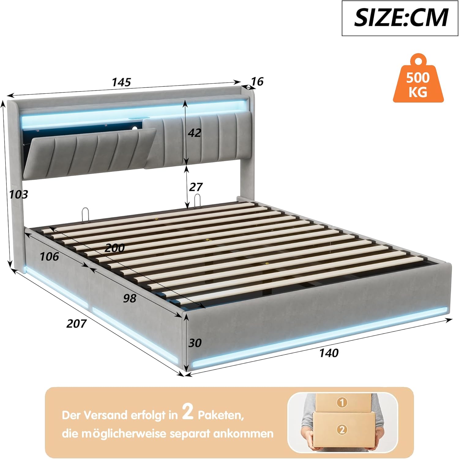 Polsterbett 140x200 cm,Doppelbett mit LED-Beleuchtung und Aufladen USB,Stauraumbetten mit Stauraum Kopfteil und Lattenrost,Jugendbett Stauraumbett Bettgestell,Bett mit Lattenrost (Grau, 140 x 200cm)