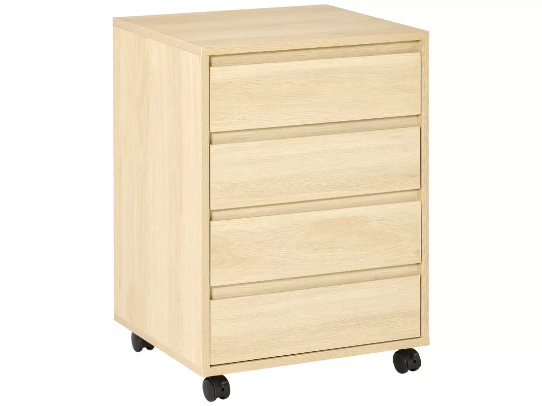 Caisson de bureau rangement bureau sur roulettes 4 tiroirs coulissants MDF aspect bois clair