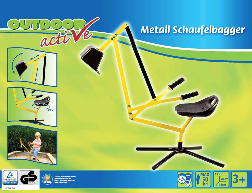 Outdoor active Metall Schaufelbagger, gelb und schwarz, Outdoorspielzeug, ca. 115x31x85 cm, ab 3 Jahren