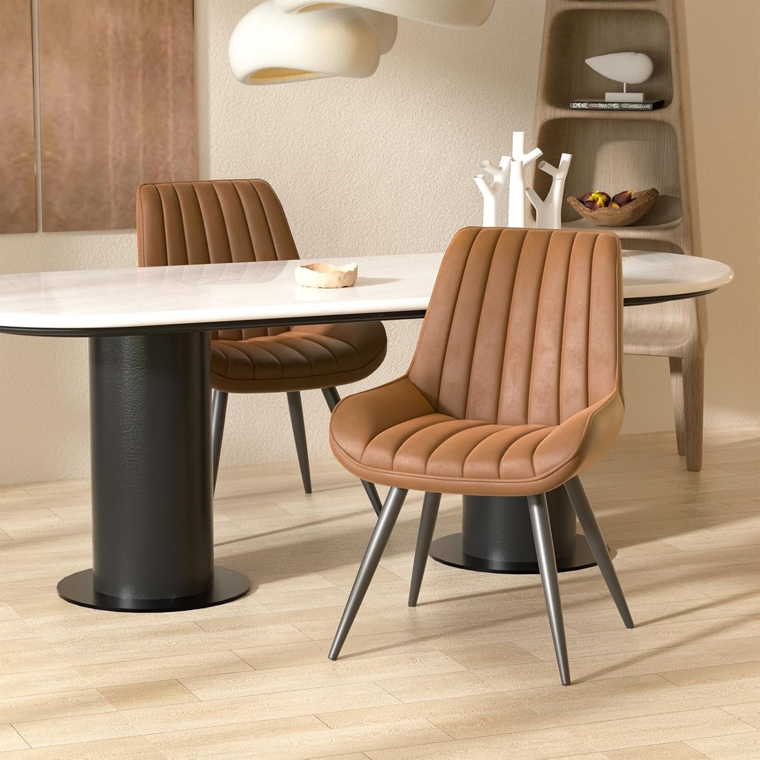 Esszimmerstühle 2er Set | Polsterstühle mit 10 cm Sitzkissen • künstlicher Stoff Dining Chair • Küchenstuhl mit Rückenlehne • Moderne Sessel • Metallbeine • Braun