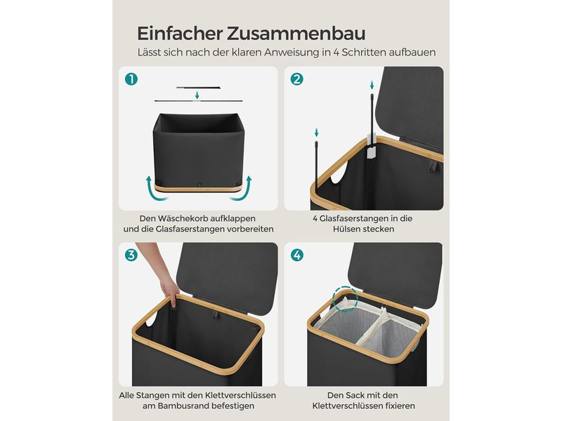 Songmics Wäschekörbe 65 l, Schwarz Wäschesammler mit zwei Fächern